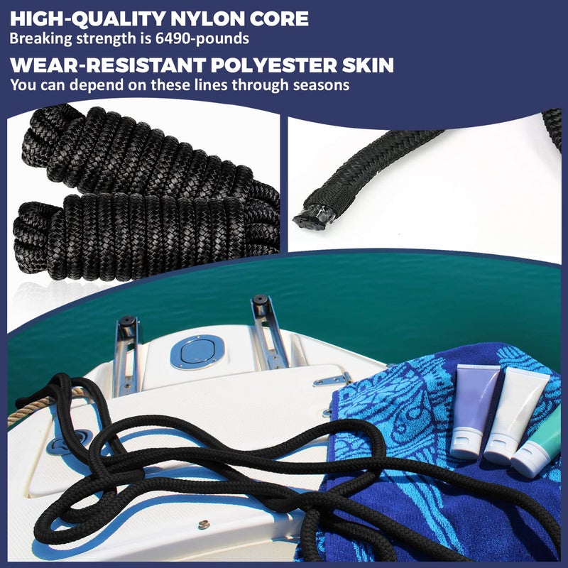 ACY Marine خط ربط رصيف نايلون مزدوج مضفر من ACY البحرية (أسود، 5/8 بوصة × 35 قدم) - Image 3